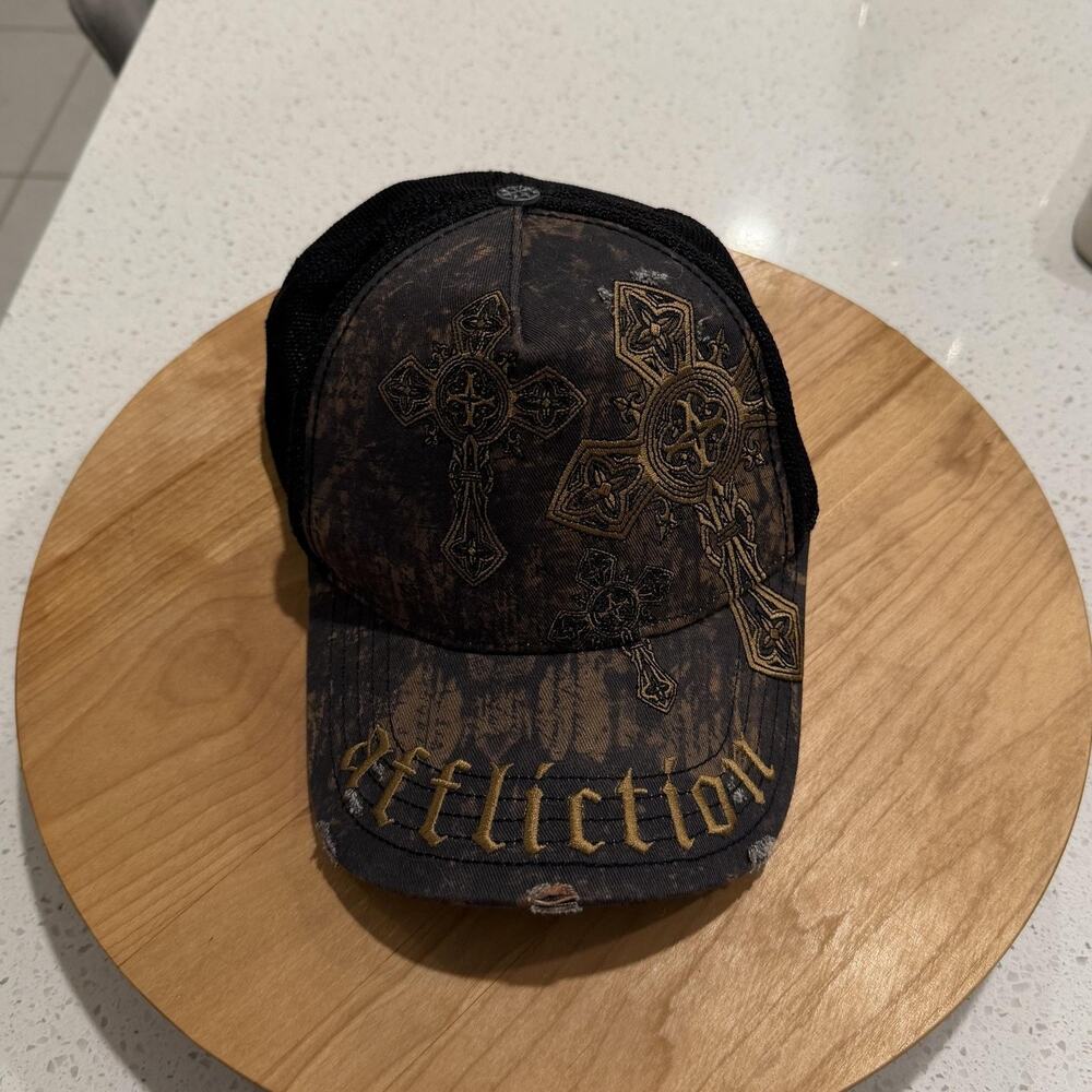 Affliction Hat Trucker Cap Black Cross Gothic Mesh Snapback Mens One Size